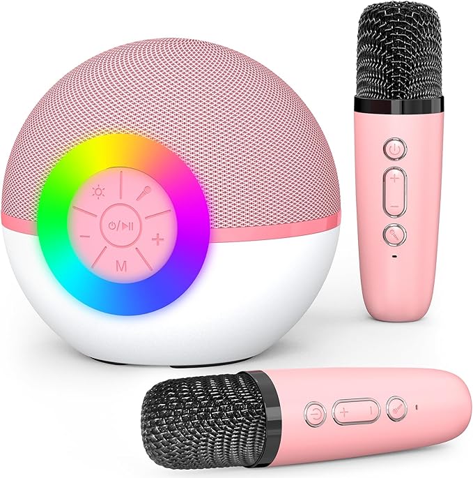 Mgaolo Mini Karaoke Machine for Kids Adults,Portable Bluetooth Speaker with 2 Wireless Microphones,Gift Toys with MP3 Player for Boys Girls 3-12 Year Old Birthday Family Home Party Present (Pink)