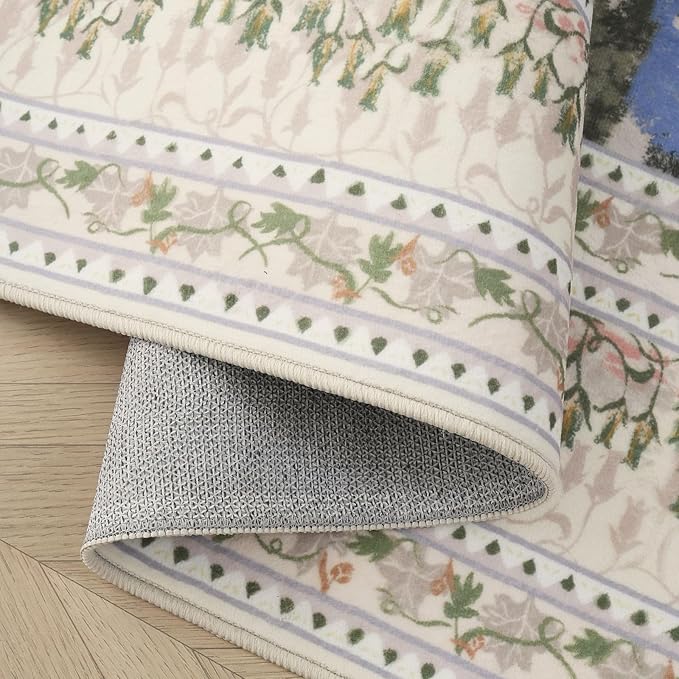 3x5 Washable Rug Impressionist-Style Vintage Non Slip Low Pile Small Carpet for Bedroom Bedside Kitchen Entryway Kids Room Office College Dorm Essentials for Girls, Beige