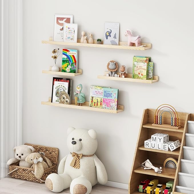 Picture Ledge Shelf for Wall, 24 inches Solid Pine Wood Nursery Book Shelves 3 Packs, Floating Ledge Shelves for Kids' Room Bedroom Bathroom Living Room Photo Frames Office Nursey Wall Decor, Natural