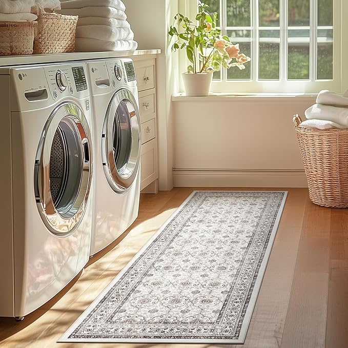jinchan Runner Rug 2x7 - Machine Washable Beige Vintage Floral Distressed Design Soft Non-Slip Low-Pile Ultra-Thin Runner Rug for Kitchen Hallway Laundry Room Entryway Farmhouse (2‘x7',Beige)