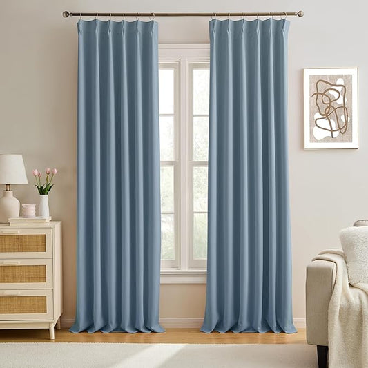 KEQIAOSUOCAI Dusty Blue Pinch Pleated Curtains 156 Inches Long Room Darkening Draperies Luxury Decor for Living Room Nursery (Stone Slate Blue 40x156 Inch 2 Panels)
