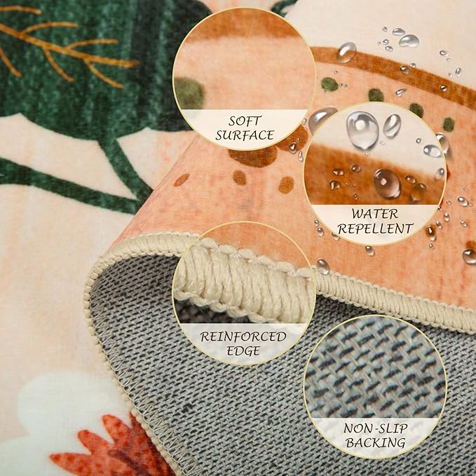 Floral 6x9 Area Rug Machine Washable Soft Print Boho Carpet Non Slip Doormat Low Pile Flower Area Rugs for Living Room Bedroom Nursery Kitchen Dining Room Indoor-Light Orange