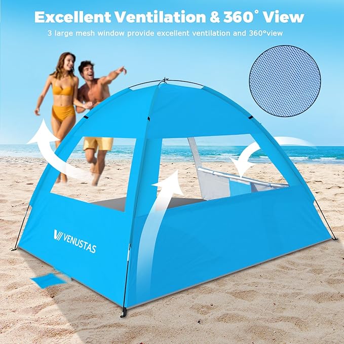 Venustas Beach Tent Sun Shelter for 3/4-5/6-7/8-10 Person, UPF 50+ UV Protection Beach Canopy, Lightweight and Easy Setup Cabana, Portable Shade Tent