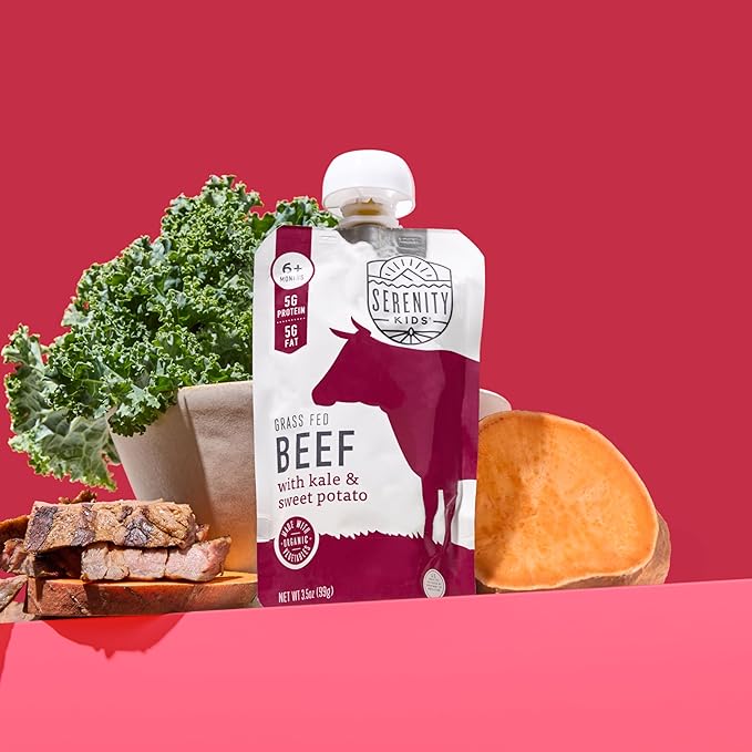Serenity Kids 6+ Months Baby Food Pouch Puree - Grass Fed Beef, Kale & Sweet Potato - Ethically Sourced Meat & Organic Veggies - BPA-Free, 3.5 Ounce, 12 Count