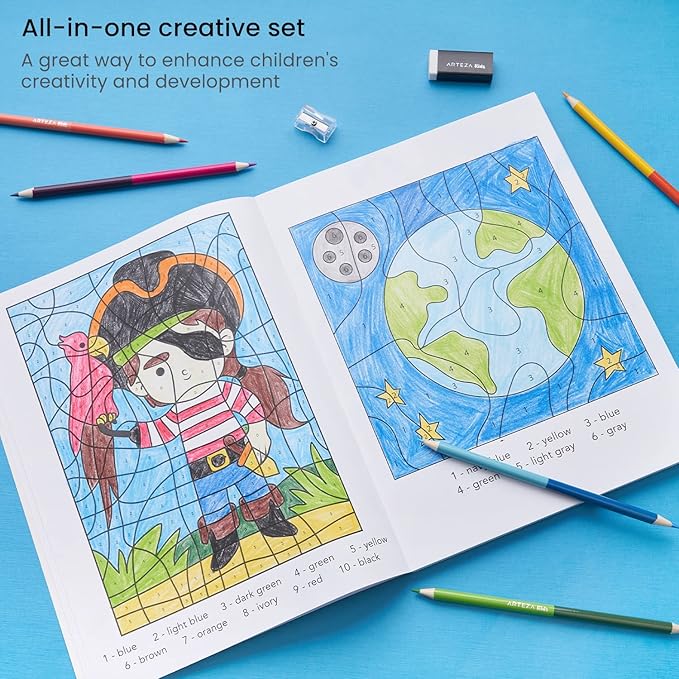 Arteza Kids Activity Book, Color by Numbers Coloring Book, 8.5 x 11 Inches, School Supplies for Ages 6 and Up, 50 Sheets, 12 Double-Ended Colored Pencils, Black Marker, Eraser, Sharpener