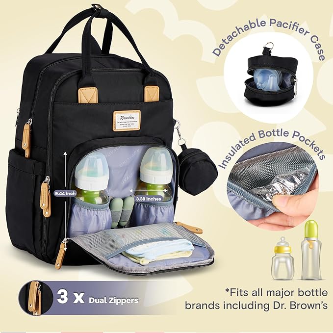 RUVALINO Diaper Bag Backpack-Expandable Baby Bag with up to 50% Capacity -Baby Essentials Bag with Changing Pad Insulated Bottle Holders & Pacifier Case, Waterproof, Black XL