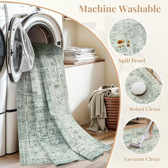 LIVEBOX Washable 2x7 Runner Rug for Bathroom, Non Slip Kitchen Mats for Floor Entryway, Boho Indoor Front Door Mat Low-Pile Runners for Hallways, Farmhouse Rugs for Laundry, Sage Green