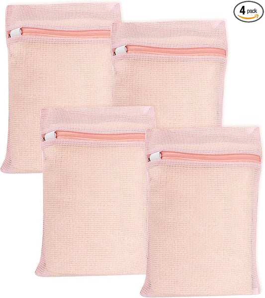 4 Piece Pink Small, Durable Organic Cotton Mesh Laundry Bag with Strong Zipper and Breathable Mesh, Delicate Laundry Bag for Underwear, Clothes, Pants and Socks