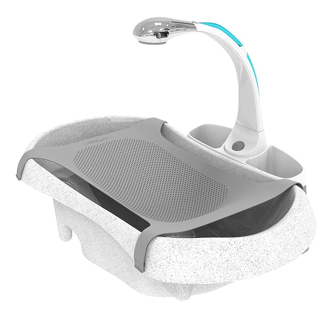 The First Years Rain Shower Baby Bathtub Set - Includes Infant Sling, Soothing Spray Shower Head, Fresh Water Tank and Built in Soft Brush - 3 in 1 Grow with Me Design - Baby Bath Essentials