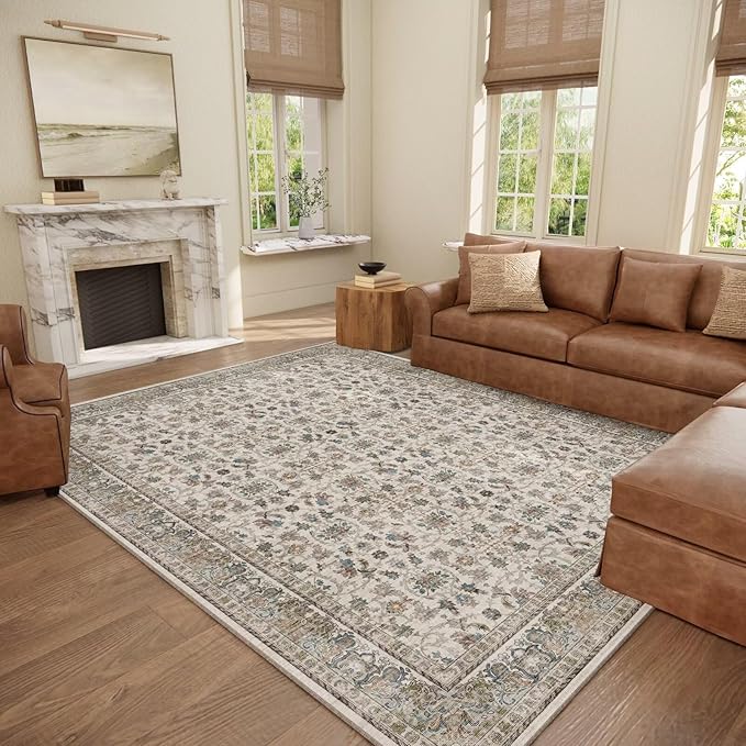 Washable 8x10 Area Rugs for Living Room, Boho Non-Slip Silicone Backing Rugs for Bedroom Dining Room Nursery Office, 0.3" Neutral Oriental Throw Carpet with 0.16" Cushioning Pad, Cream/Multi