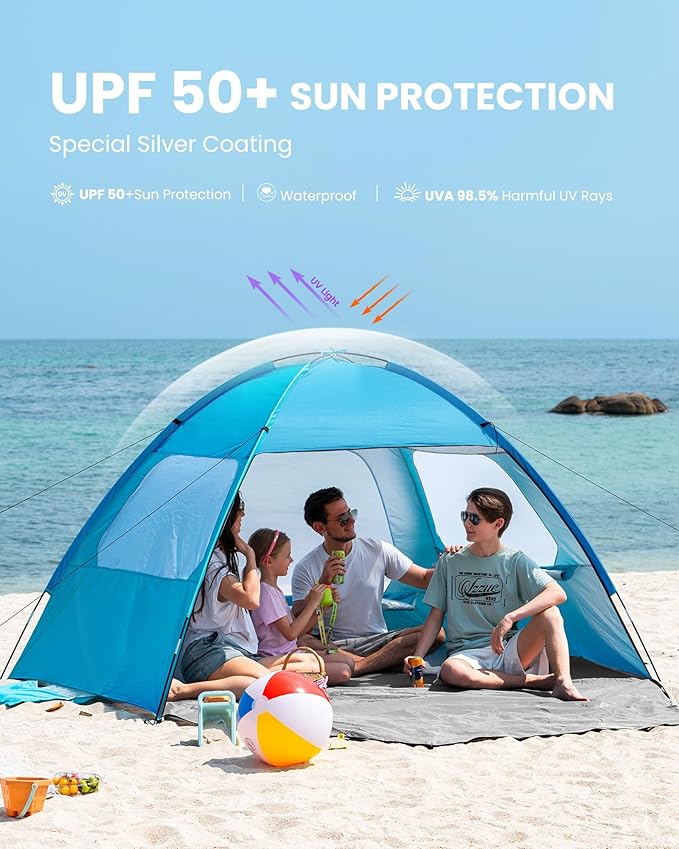 OutdoorMaster Beach Tent for 3/4 Person - Easy Setup Sun Shade Shelter, Portable Beach Shade Sun Canopy with UPF 50+ UV Protection, Removable Skylight Family Size