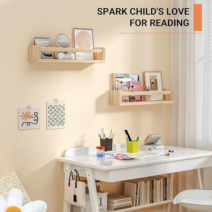 Heimlove Nursery Floating Shelves, Wood Nursery Book Shelves for Wall, 16 inch Wall Bookshelf for Kids Solid Wood Wall Mounted Shelves for Books,Toys and Decor Storage, Set of 3