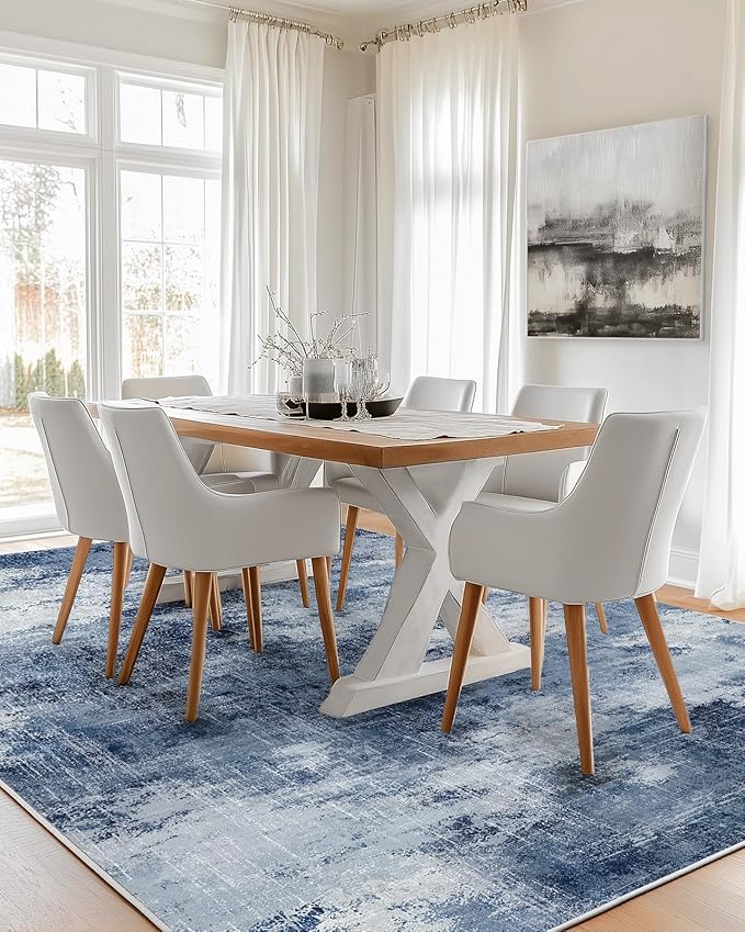 Amada 6x9 Washable Area Rug, Modern Abstract Living Room Rug with Non-Slip Backing & Short Pile, Large Rug with Abstract Pattern for Living Room, Bedroom and Dinning Room, Dark Blue