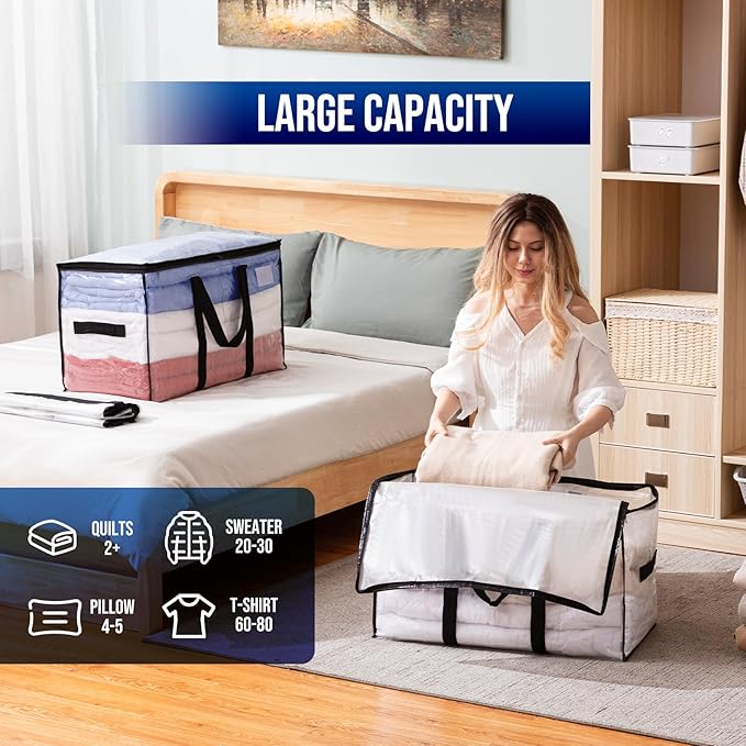 TAILI Extra Large Moving Bags, 4 Pack Clear Heavy Duty Totes For Storage with Visible Window, Wrap Around Handles, Storage Bags for Space Saving, Alternative to Moving Boxes