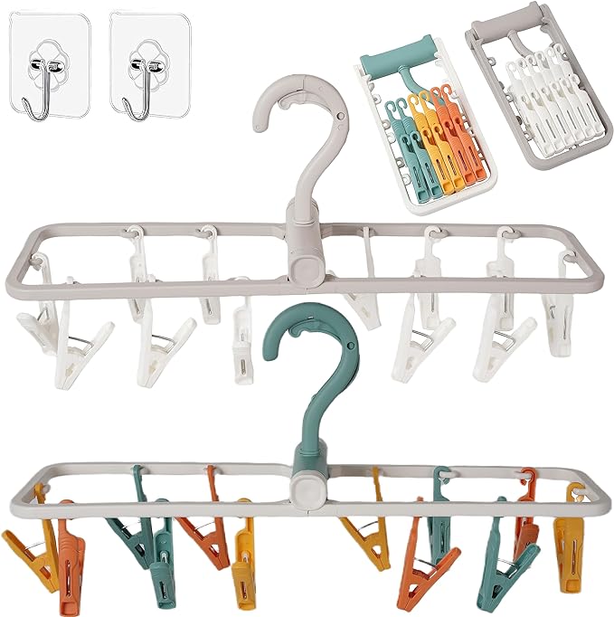 Clothes Drying Racks 2 Pack Grey Colour Small Folding Portable Underwear Hangers with 12 Clips 360° Rotatable Hook for Socks Drying Towels Bras Baby Clothes Gloves Plast