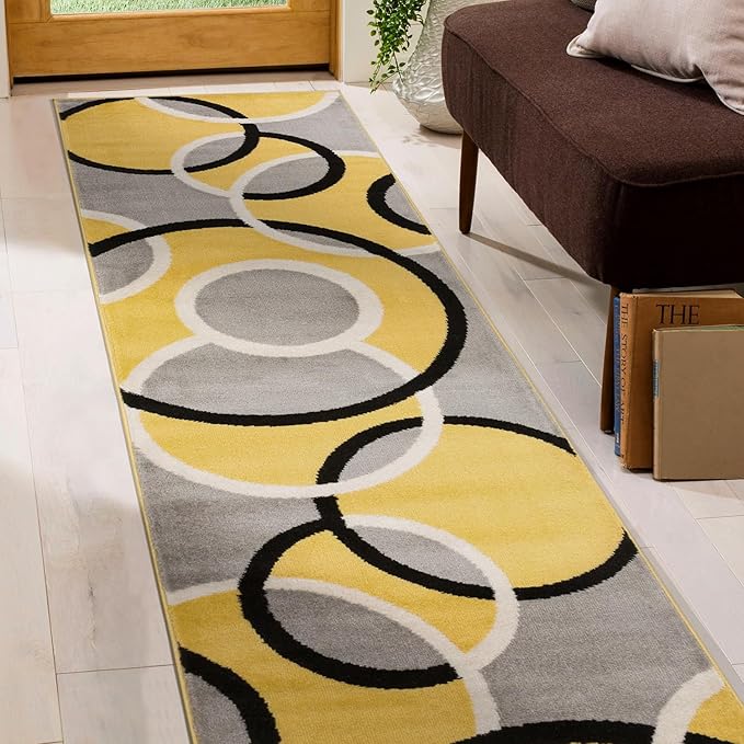 Rugshop Contemporary Abstract Circles Easy Maintenance for Home Office,Living Room,Bedroom,Kitchen Soft Runner Rug 2' x 7' 2" Yellow