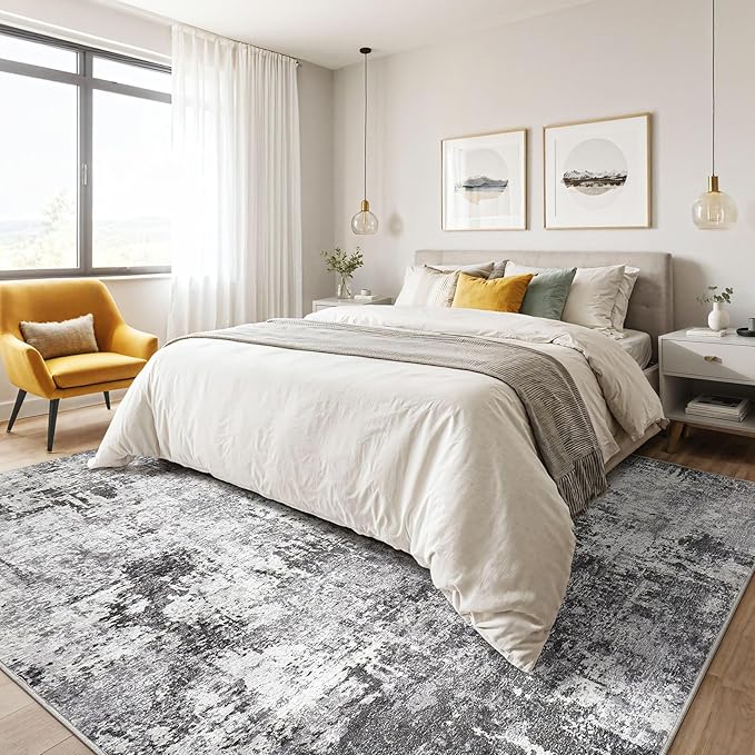 7x10 Area Rug Living Room: Washable Large Abstract Modern Soft Stain Resistant Indoor Floor Rugs Non Slip Accent Carpet for Bedroom Nursery Playroom Office Dining Room Dorm Home House- Black Grey
