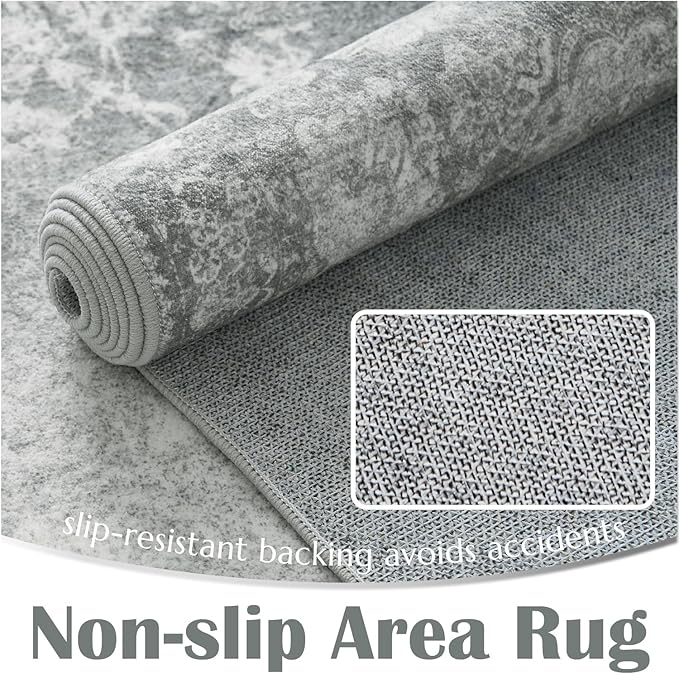 jinchan Washable Area Rug 8x10 for Living Room - Soft Faux Wool Ultra-Thin Stain Resistant Non-Slip Distressed Vintage Floral Large Carpet for Bedroom,Dining Room,Home Office,Nursery(Grey, 8'x10')