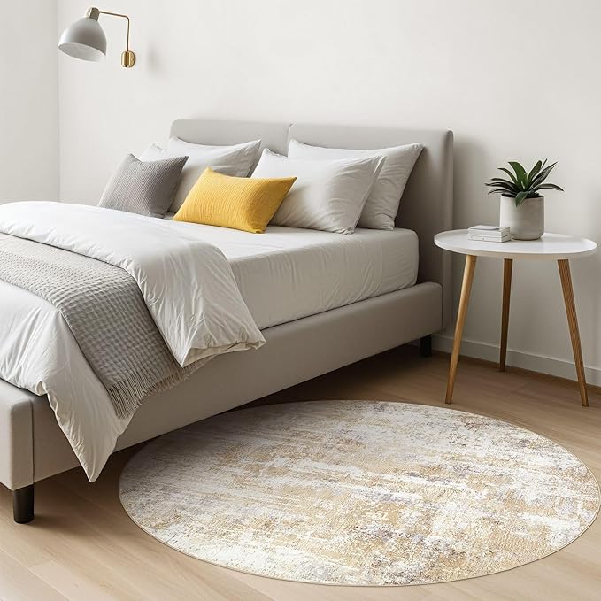 Round Rug Living Room Rugs: 8Ft Washable Circle Large Abstract Modern Soft Stain Resistant Non Slip Indoor Floor Carpet for Bedroom Nursery Office Dining Room Dorm Home House Decor- Gray Gold