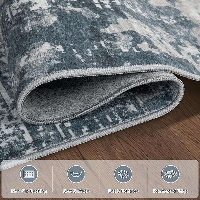 Runner Rug for Hallways Kitchen 2'6"x8' Washable, Non Slip Carpet 8ft Area Rugs Entryway Rubber Backed 8 Feet Neutral Abstract Modern Low Pile Indoor Blue Grey