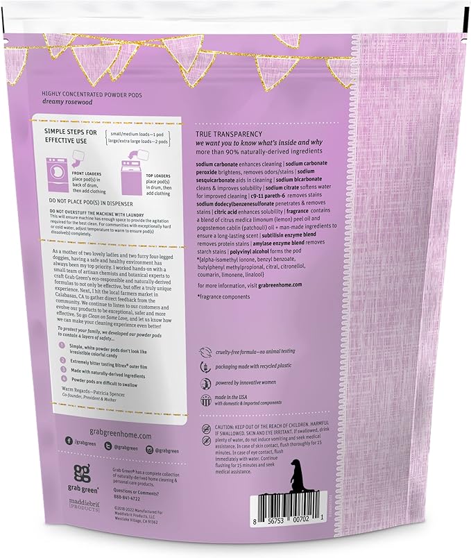 Grab Green Baby Laundry Detergent Pods, 50 Count, Dreamy Rosewood, Plant and Mineral Based, Formulated to Tackle Growing Baby (5 Months and Older) Laundry Stains