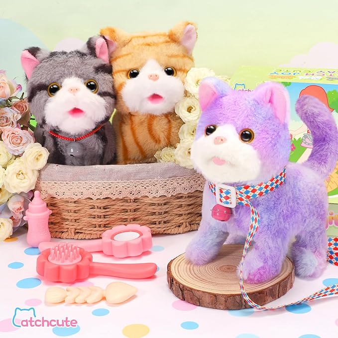 Plush Toys Cat for Kids with Leash, Interactive Electronic Kitty That Walking,Meowing,and Tail Wagging, Pretend Play Realistic Cat Christmas Birthday Gifts for Boys and Girls