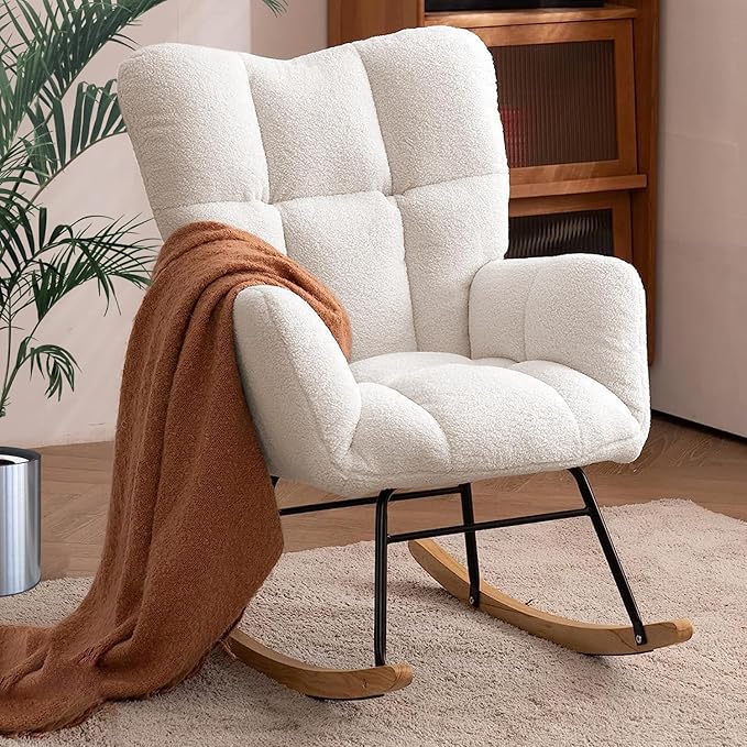 Nursery Rocking Chair, Teddy Upholstered Glider Rocker with High Backrest Armchair, Modern Rocking Accent Chairs for Nursery, Living Room, Bedroom, Offices (Ivory)