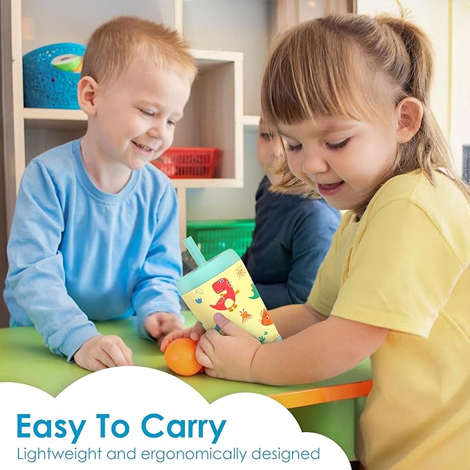 Kid Insulated Stainless Steel Tumbler with Silicone Straw, 12oz Sippy Cup for Kids (Playful Dinosaurs)