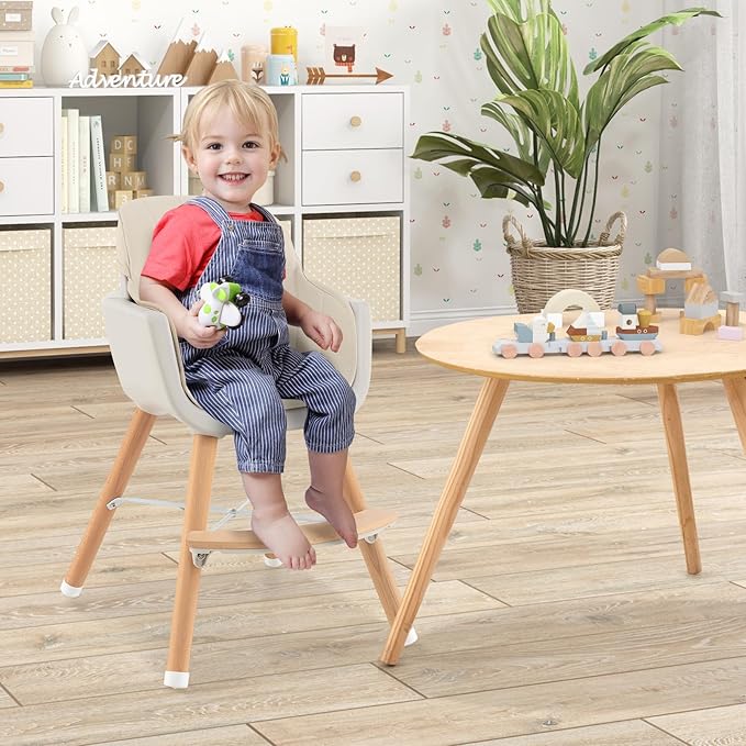 HONEY JOY High Chair, 3-in-1 Eat & Grow Wooden Highchair/Booster Seat/Toddler Chair with Removable Tray, 5-Point Harness, PU Cushion and Footrest for Baby, High Chair for Babies and Toddlers(Beige)