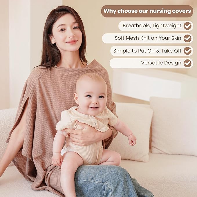 Konssy Nursing Cover for Breastfeeding, Soft & Breathable Privacy Poncho, Multi-Use Feeding Shawl, Comfortable & Portable Breastfeeding Cover for Women (Camel)