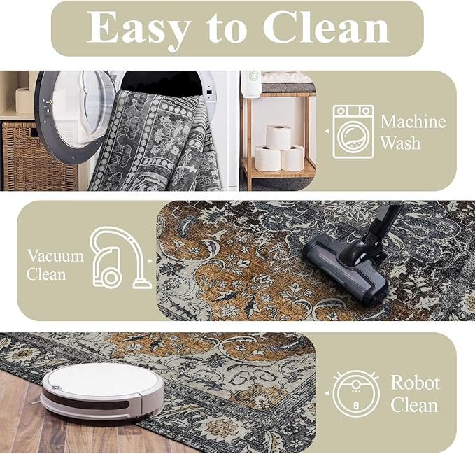 4x6 Washable Area Rug for Living Room, Carpet for Bedroom, Soft Faux Wool Retro Dining Room Rug, Non Slip&Non-Shedding Resistant Low Pile Vintage Print Rug for Home Office (Tan/Gray)