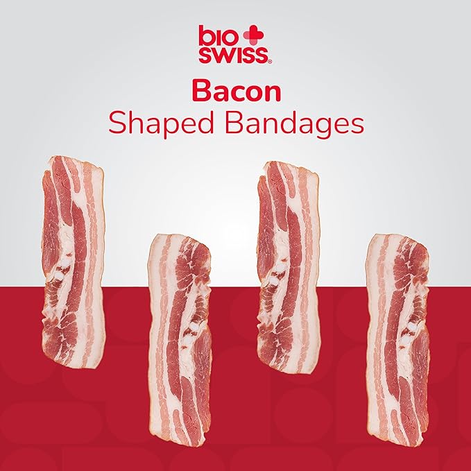 BioSwiss Bandages, Bacon Shaped Self Adhesive Bandage, Latex Free Sterile Wound Care, Fun First Aid Kit Supplies for Kids, 24 Count