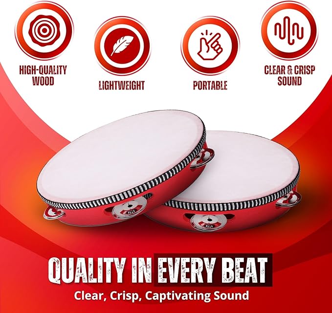 Flexzion Wood Handheld Tambourines - 8 and 6 Inch Set of 2 Pack, with Single Row Metal Jingle Bell (Red) Hand Held Tambourine Percussion Drum Moon Musical Instrument