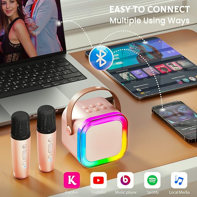 IROO Mini Karaoke Machine for Kids, 2025 TOP Toys Birthday Gifts Ideas for Girls Ages 4, 5, 6, 7, 8, 9, 10, 12+ Years Old, Portable MP3 Player with 2 Wireless Mics for Party