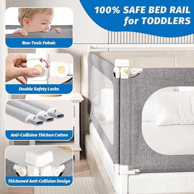 3-Piece Twin Size Bed Rails for Toddlers, with Headboard Rod -Height Adjustable Baby' Safety Bed Rails Guard for Twin Size Bed(3Pack 74.8"x74.8"x39"-Gray)