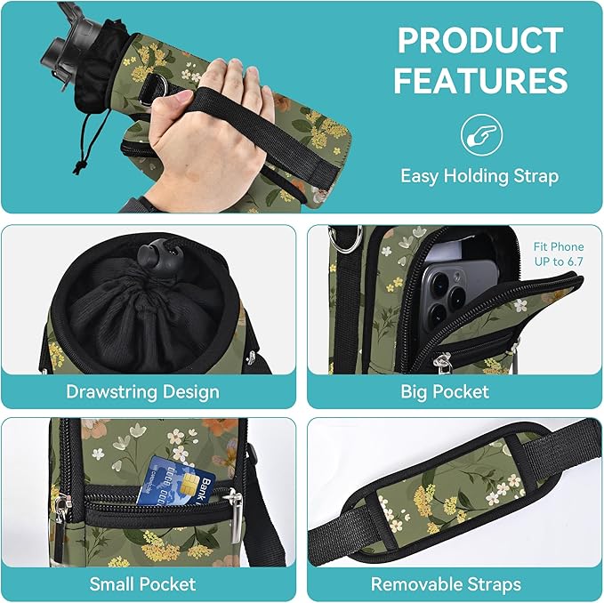 25/32/40/64oz Water Bottle Bag Holder Carrier-Insulated Crossbody Sling Case Sleeve with Strap & Pockets for Men Women Gym Cycling Travel Walking Hiking Camping
