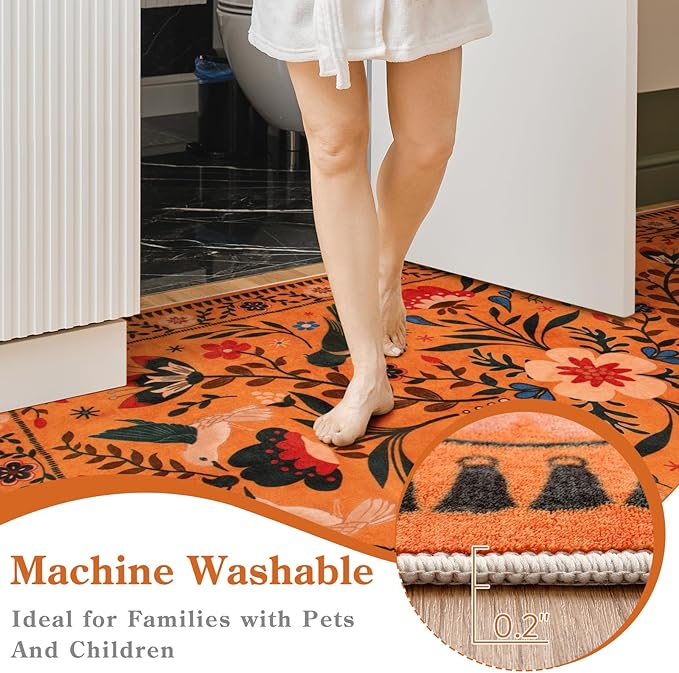 Moynesa Washable Rugs 8x10, Ultra Thin Boho Bird Living Room Area Rug Stain Resistance, Indoor Soft Orange Floral Large Easy Clean Carpet for Bedroom Dining Room Under Table Kid Playroom