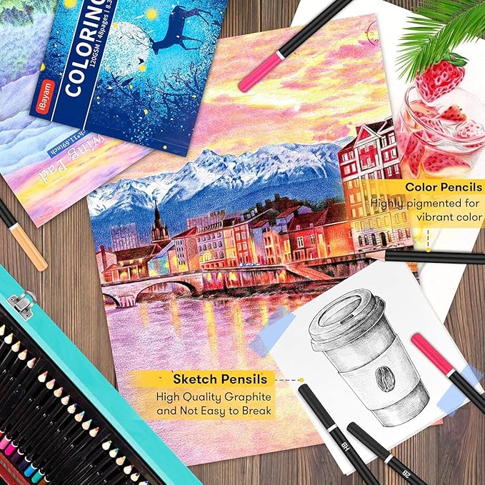 iBayam Art Supplies, 150-Pack Deluxe Wooden Art Set Crafts Drawing Painting Kit with 1 Coloring Book, 2 Sketch Pads, Creative Gift Box for Adults Artist Beginners Kids Girls Boys