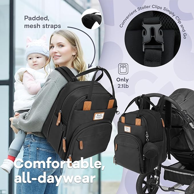 RUVALINO Diaper Bag Backpack-Expandable Baby Bag with up to 50% Capacity -Baby Essentials Bag with Changing Pad Insulated Bottle Holders & Pacifier Case, Waterproof, Black XL