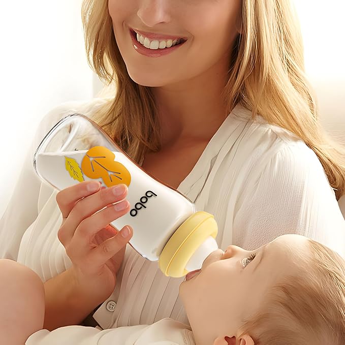 YOHKOH Natural Glass Baby Bottle with Natural Response Nipple, Newborn Anti-Colic Baby Bottles, Wide Neck Mushroom Cap Baby Bottle, Clear (Yellow, (8.8oz (Pack of 4))