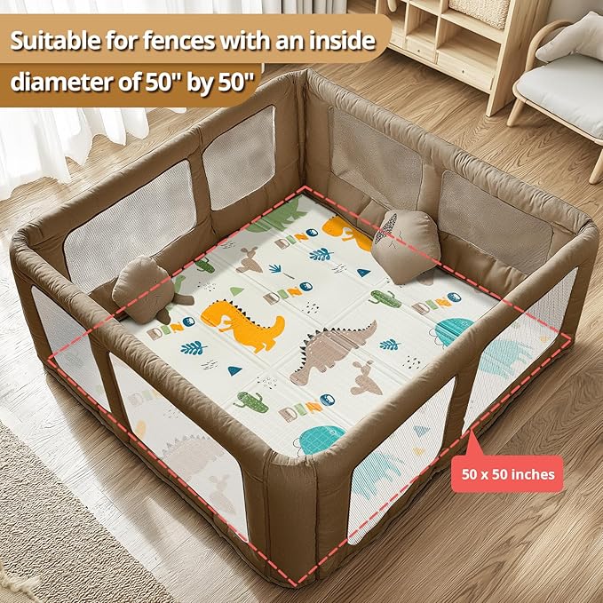 Foldable Baby Play Mat, PIGLOG Waterproof Playmats for Babies and Toddlers Kids, Safe Foam Playmat for Tummy Time, 50x50 Playpen Mat, Reversible Portable Baby Floor Mat for Infant, Toddler, Dinosaur