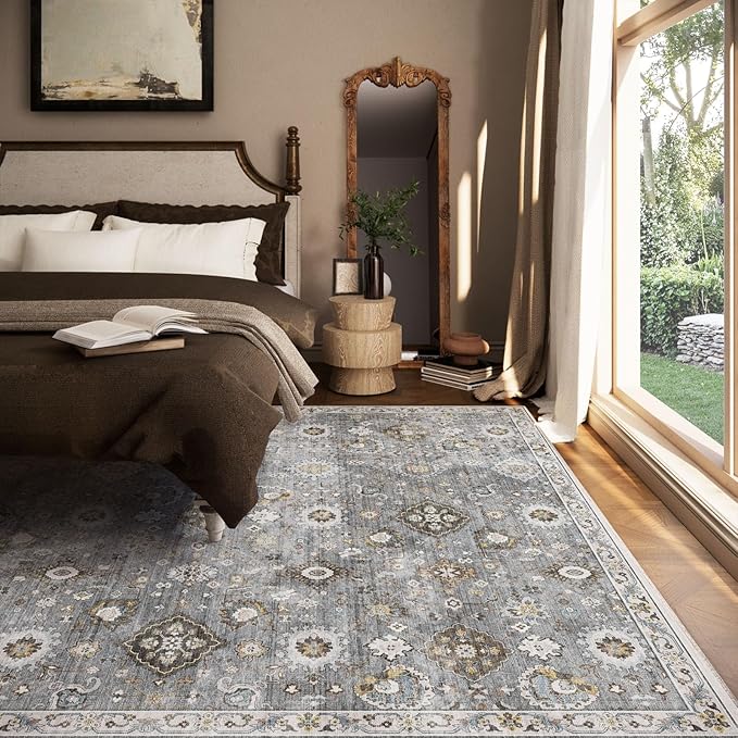 Machine Washable Rug for Living room: 8x10 Area Rugs Boho Vintage Rugs Stain Resistant Non Slip Low Pile Lightweight Soft Carpet for Bedroom Kitchen Dining Room Nursery Kids Room Farmhouse Home Office