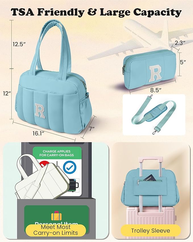 Duffle Bag, Weekender Bags for Girl，Teenage Girl Gifts-Initial Overnight Bag with Wet Pocket，Lightweight Dance Bags Personalized Gymnastics bag with Makeup Pouch