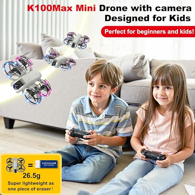 K100Max Mini Drones With Camera For Kids And Begginers, Indoor Small Helicopter Plane Quadcopter With Screen Remote Controller, Gift Toy for Boys and Girls, Headless Mode, 2 Batteries(Gray)