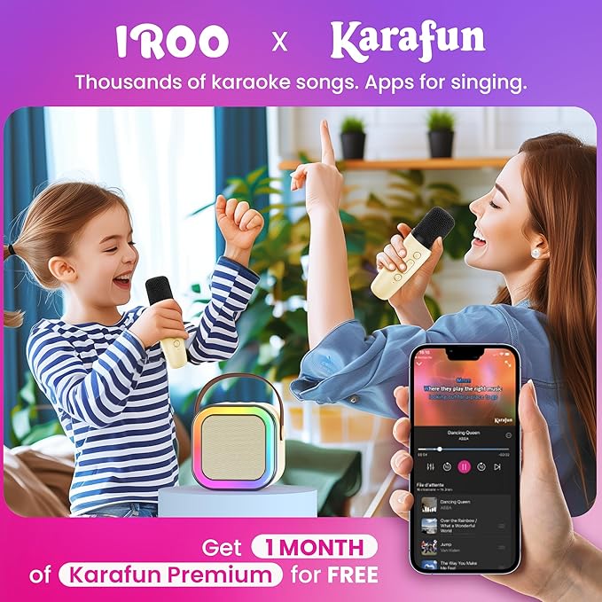 IROO Mini Karaoke Machine for Kids, 2025 TOP Toys Birthday Gifts Ideas for Girls Ages 4, 5, 6, 7, 8, 9, 10, 12+ Years Old, Portable MP3 Player with 2 Wireless Mics for Party