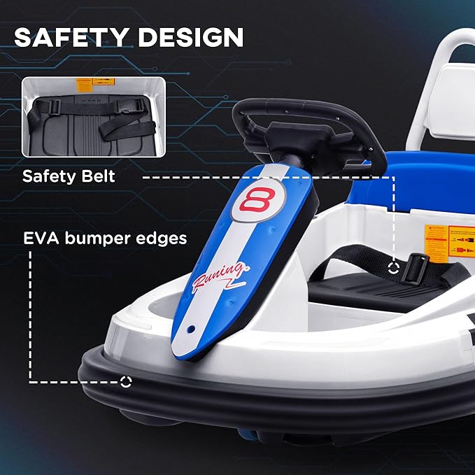 Aosom Toddler Bumper Car, 360° Rotation 6V Kids Electric Ride on Bumper Car with EVA Bumper Edges, Twins Motor, Songs, Horn, LED Lights, Safety Belt for 18-48 Months, White