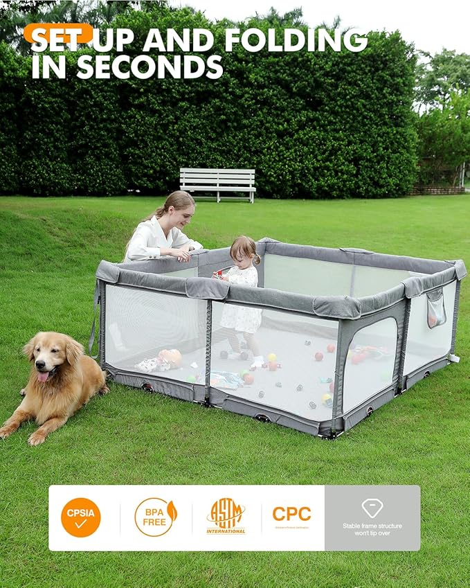 Foldable Baby Playpen with Non-Removable Thick Mat, Extra Large Collapsible Play Yard for Babies & Toddlers, Portable Travel Playpen with Gate, Safe Activity Center (59"×71" Grey)