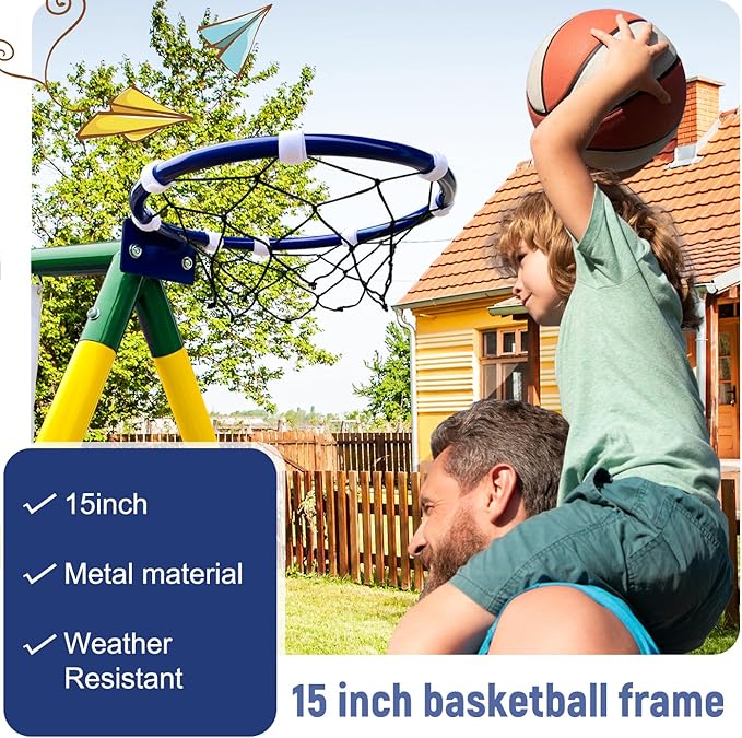5-in-1 Swing Sets for Backyard for Kids 3-8, Tree Swings for Kids Outdoor with Slide, Basketball Hoop, Two Swing Seats and Gymnastics Rings