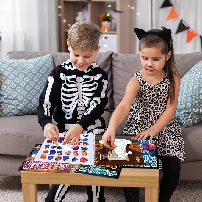 4Pcs Halloween Paint by Sticker Books for Kids Ages 4-8 Halloween Pumpkin Ghost Witch Sticker by Number Books Activity Book for Kids Puzzle Book Craft Art Gift Holiday Party Favors Create 32 Pictures