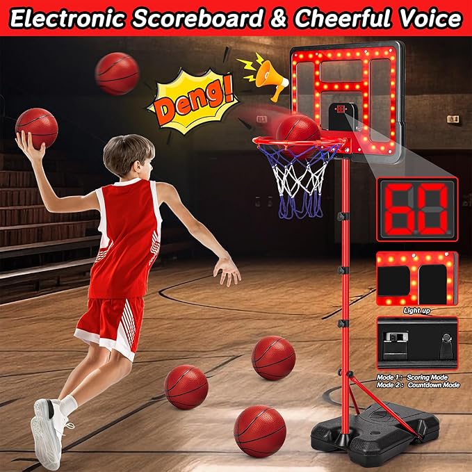 Kids Basketball Hoop Adjustable Height 3.5FT-6.2FT, Indoor Outdoor Toddler Basketball Hoop with LED Scoreboard, Boys Basketball Toy for 3 4 5 6 7 8 Years Gift, Portable Basketball Goals Sport Game